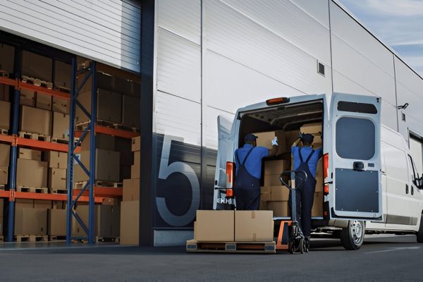 Workers load boxes from warehouse into van, streamlining logistics and delivery operations.