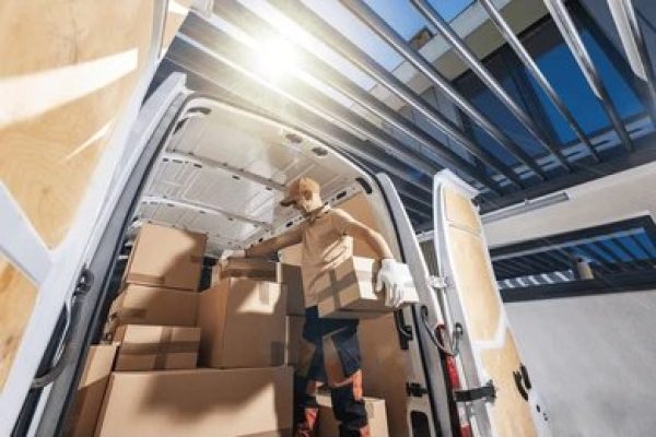 A mover inside a van unloads cardboard boxes in a commercial area with steel and glass structures.