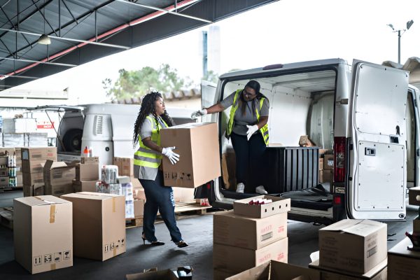 Workers unload and organize boxes from a van for a commercial move, ensuring smooth business relocation.