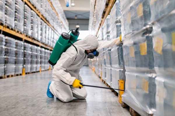 Worker in protective suit spraying pesticide on pallets in a warehouse for pest control.