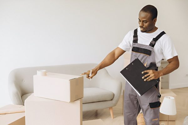 Professional mover checks and labels boxes during a home relocation for organized delivery.