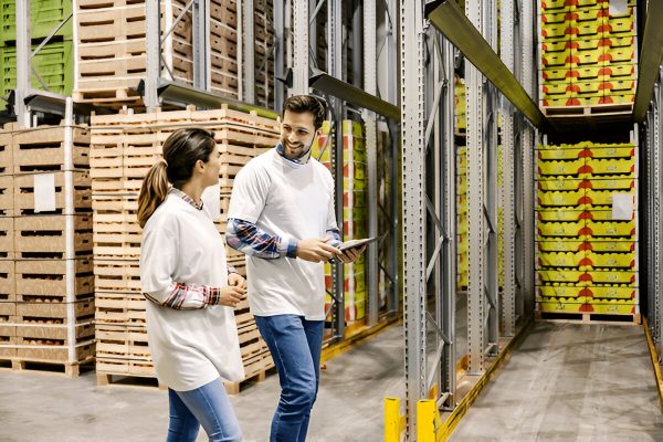 Warehouse team coordinating inventory in an organized storage facility with stacked crates.
