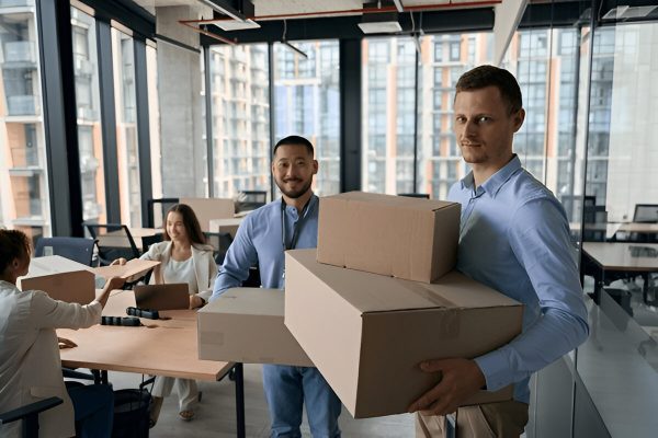 Team working together, carrying boxes and organizing for a seamless office relocation.
