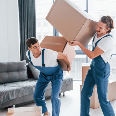 Heavy boxes. Two young movers in blue uniform working indoors in the room.